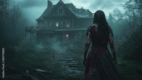 A zombie in a red dress stands in front of a creepy house