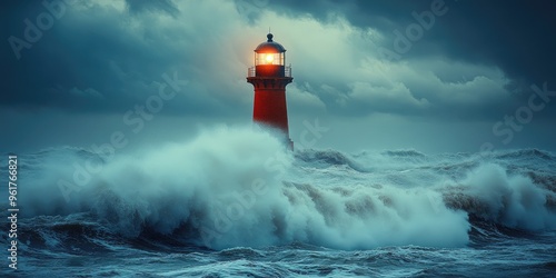 Red lighthouse standing strong in raging ocean storm at dusk