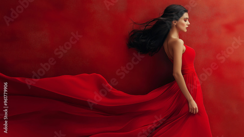 A woman wearing a red dress, symbolizing heart health awareness