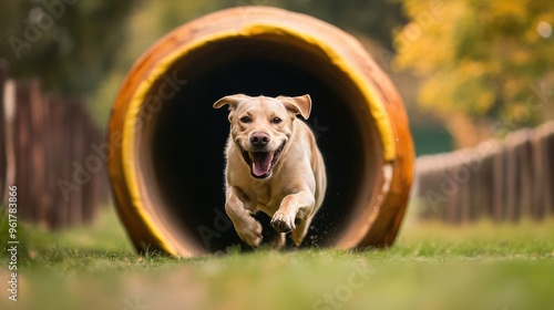 A joyful dog running through a tunnel in a green park.