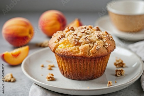 Peach Muffins: Overhead view of a single peach muffin on a plain white plate.