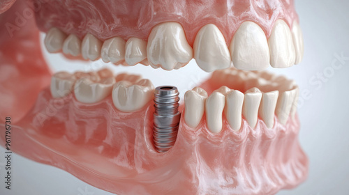 This 3D model shows how dental implants and real teeth are positioned in the jawbone. It's a helpful image for explaining dental implants on websites and social media.