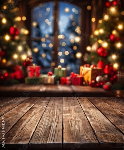 christmas tree and presents on wooden table with blurred background