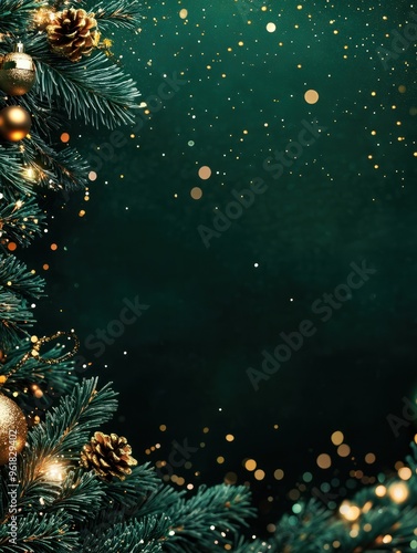 Beautiful dark green Christmas background with shining decoration and empty space. Golden glitter, confetti. Copy space for your text. Merry Xmas, Happy New Year. Festive backdrop.