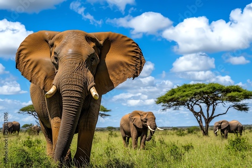 African animals, elephants trumpeting, distant calls carry over the landscape, communicating with far-off herds