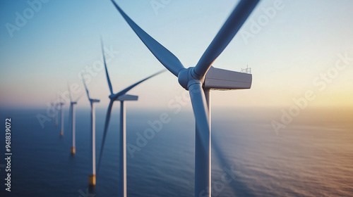 A row of offshore wind turbines against the backdrop of the ocean at sunset, symbolizing renewable energy and sustainable power generation.