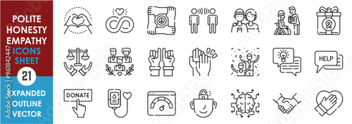 A set of line icons related to Polite, Honesty, and Empathy. Polite, love, charity, care, inspire, gift, donate, award, peace, promise, mindful, cooperate, assist, equality, and so on.