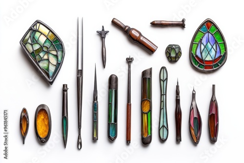 Stained Glass Tools Arranged on White Backdrop