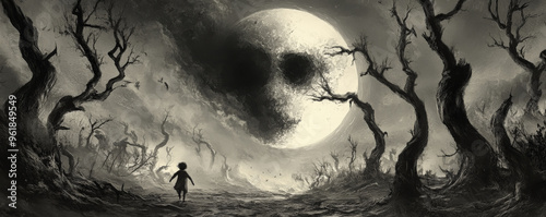 A nightmare landscape where the moon is a menacing face watching over a terrified child running through a forest of dead trees.