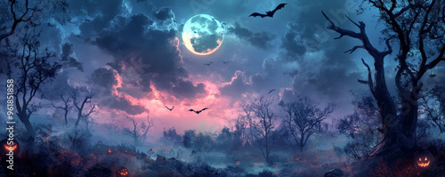 A Halloween night sky filled with bats, clouds, and a glowing full moon casting eerie light over a haunted forest.