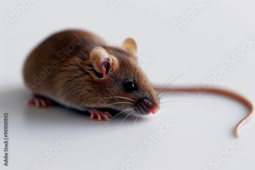 A small brown mouse explores a smooth white surface