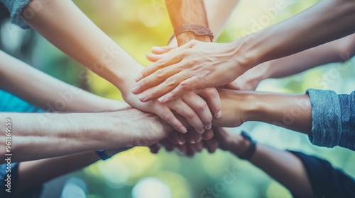 Diverse hands joining together in unity, symbolizing teamwork, collaboration, and community support against a vibrant, blurred natural background.