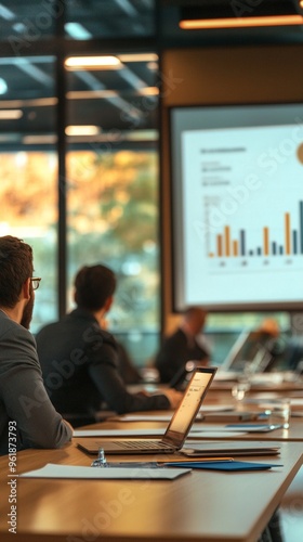 Business professionals attentively viewing financial data presentation on large screen in modern conference room, laptops open for note-taking and analysis.