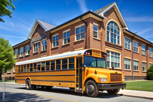 Yellow school bus parked in front of classic brick school building on sunny day