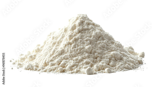 A pile of flour sits against a white background, perfect for culinary projects and baking recipes, showcasing fine texture and purity.