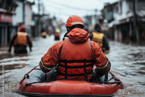 Emergency responders in bright orange gear are navigating through a flooded area in a rescue boat. This image emphasizes the bravery and urgency of rescue operations during natural disasters.