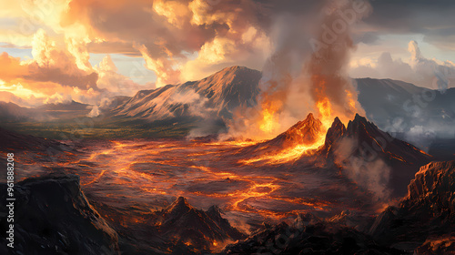 Dramatic volcanic landscape with steaming vents and rugged terrain, otherworldly. Volcanic Landscape. Illustration