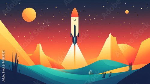 A vibrant rocket launches into a colorful sunset over abstract mountains and a starry sky.