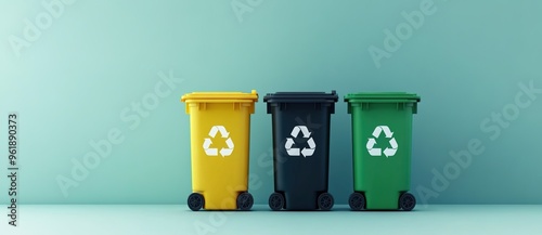  3 colored wheeled bins for recycling on a light blue background