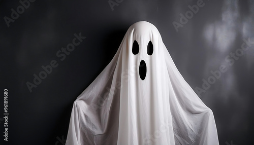  A playful Halloween ghost costume against a dark wall. _1(112)