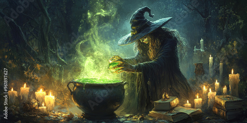 A witch stirring a glowing green potion in her cauldron, surrounded by candles and spellbooks in a spooky forest.