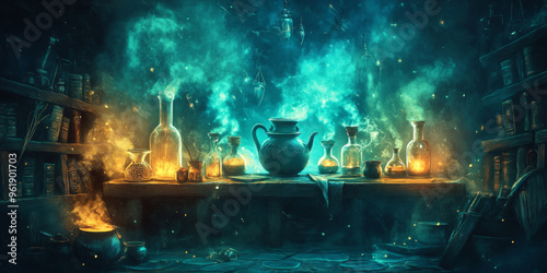 A witchâ€™s potion table with glowing bottles, bubbling cauldrons, and ancient spell books surrounded by swirling mist.