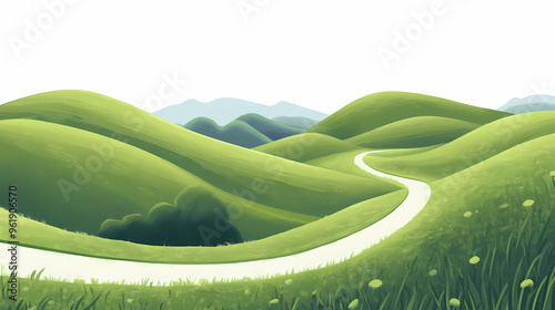 Landscape with road green hill and green grass on white background, banner. Rolling Hills. Illustration