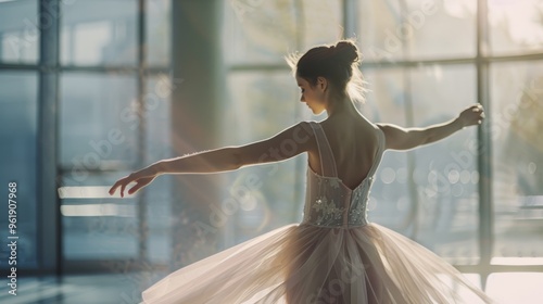 A graceful ballerina in mid-pirouette within a light-filled studio, embodying elegance, poise, and the sheer beauty of dance.