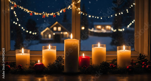 Candlelit windowsill with holiday garland background