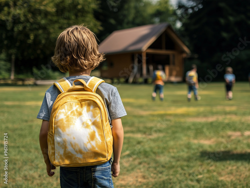 Stylish backpack in front of elementary school.