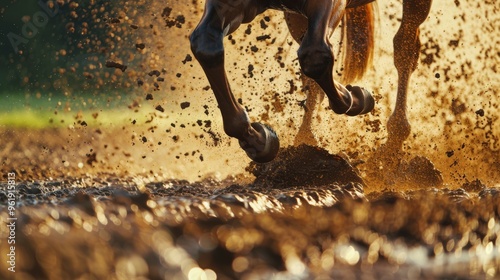 Horse galloping through a muddy terrain, hooves kicking up dirt and water droplets, capturing dynamic motion and raw power in nature.