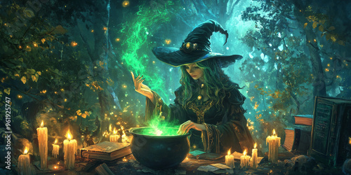 A witch stirring a glowing green potion in her cauldron, surrounded by candles and spellbooks in a spooky forest.