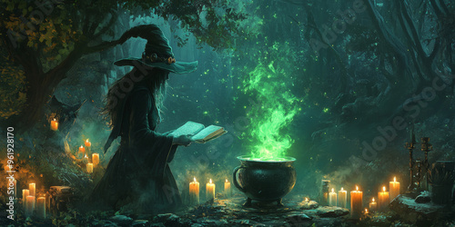 A witch stirring a glowing green potion in her cauldron, surrounded by candles and spellbooks in a spooky forest.