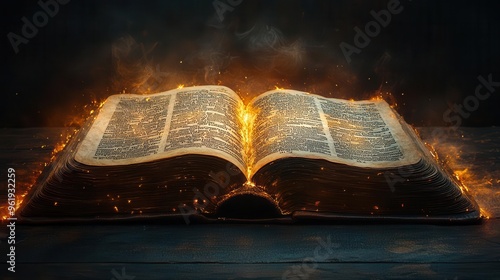 ancient leatherbound bible dramatically spotlit pages open to genesis golden text gleaming ethereal light illuminating weathered parchment mystical aura surrounding