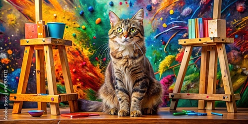 Adorable, whiskered feline sits amidst vibrant, abstract expressionist artwork, surrounded by paint-splattered canvases, brushes, and colorful easels, exuding creative curiosity and playfulness.