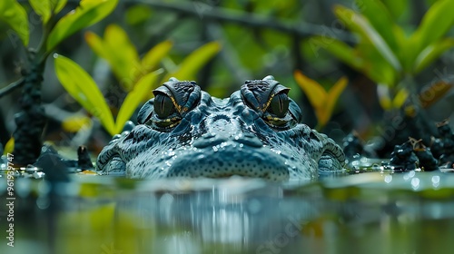 Powerful saltwater crocodile lurking in mangrove swamp: A powerful saltwater crocodile lurks just beneath the surface of a mangrove swamp, its eyes and snout barely visible as it waits silently 