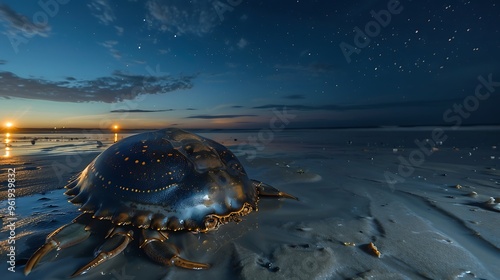 Prehistoric-looking horseshoe crab on moonlit beach: A prehistoric-looking horseshoe crab scuttles across the moonlit beach, its hard shell glistening as it navigates the shoreline under the 