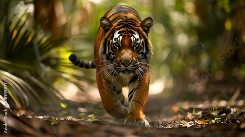 Regal Bengal tiger prowling through lush jungle: A Bengal tiger prowls silently through the dense jungle, its striking orange and black stripes blending with the shadows as it moves with predatory 