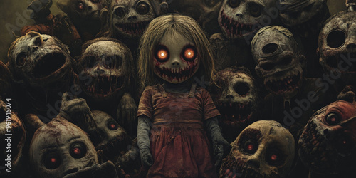 A nightmare landscape of giant creepy dolls surrounding a child, their eyes glowing and faces twisted with sinister grins.