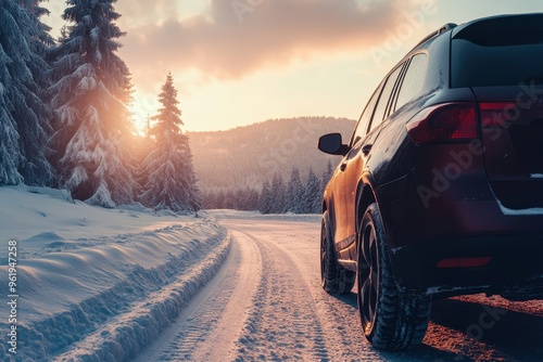 SUV stranded on snowy road during family ski trip in winter or spring