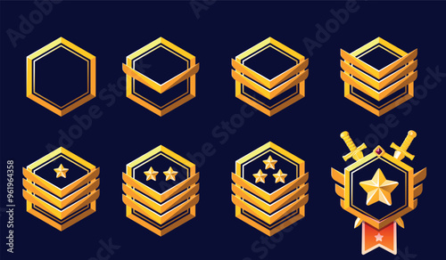 Set of game rank icons isolated. Military game ranking badge set with star insignia