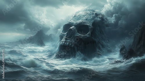 haunting seascape with partially submerged skullshaped island stormy waves ominous dark clouds piratethemed horror concept