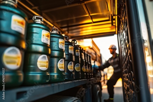 Worker delivering gas bottles in truck with butane gpl lpg