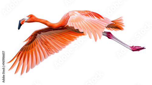 Majestic Flying Pink Flamingo Bird Isolated on White Background