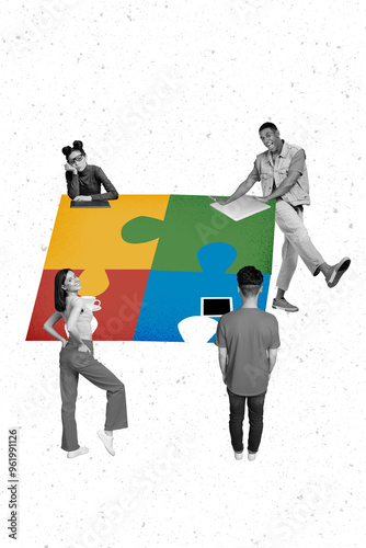 Collage concept of jigsaw teamwork challenge friends playing puzzles connect different pieces together isolated on white color background