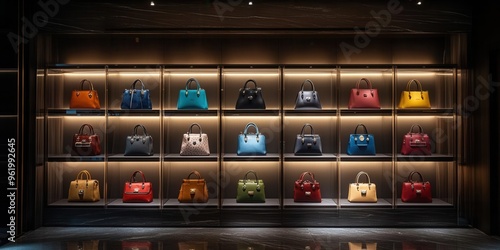 Luxury bag showcase with elegant lighting and sleek design, bag showcase, high-end fashion accessory