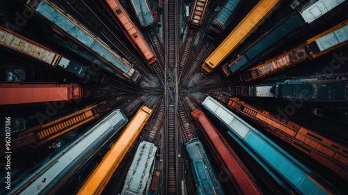 An aerial view displays the symmetrical arrangement of vibrant train cars on converging tracks, creating an impressive patterns highlighting industry and movement in stunning colors.