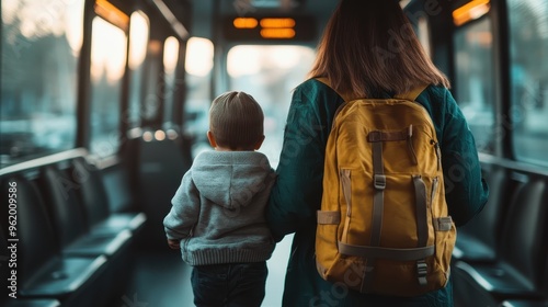 This image captures a parent and child from the back, with the parent carrying a yellow backpack, riding on a bus, symbolizing daily life, togetherness, and commuting challenges.