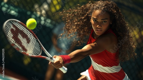 Focused tennis player swinging her racket at a ball during a game.