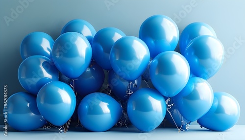 Festive vibrant blue balloons floating against a serene soft blue backdrop for joyous celebrations and party moments